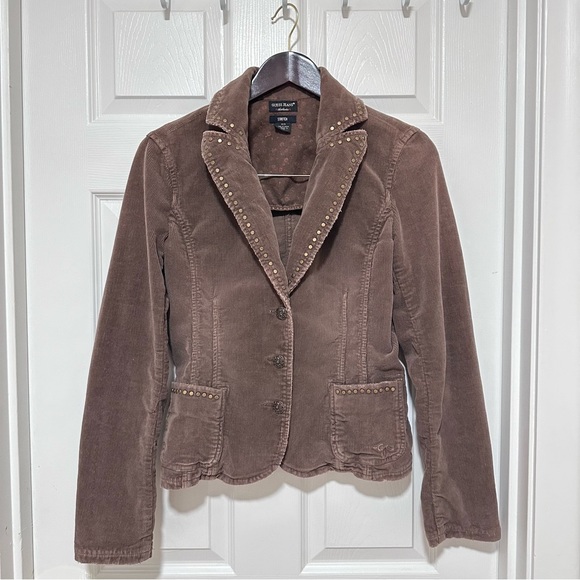 Women's Guess Stretch Brown Corduroy Blazer Jacket Studded Medium Y2K-inspired - Picture 1 of 13